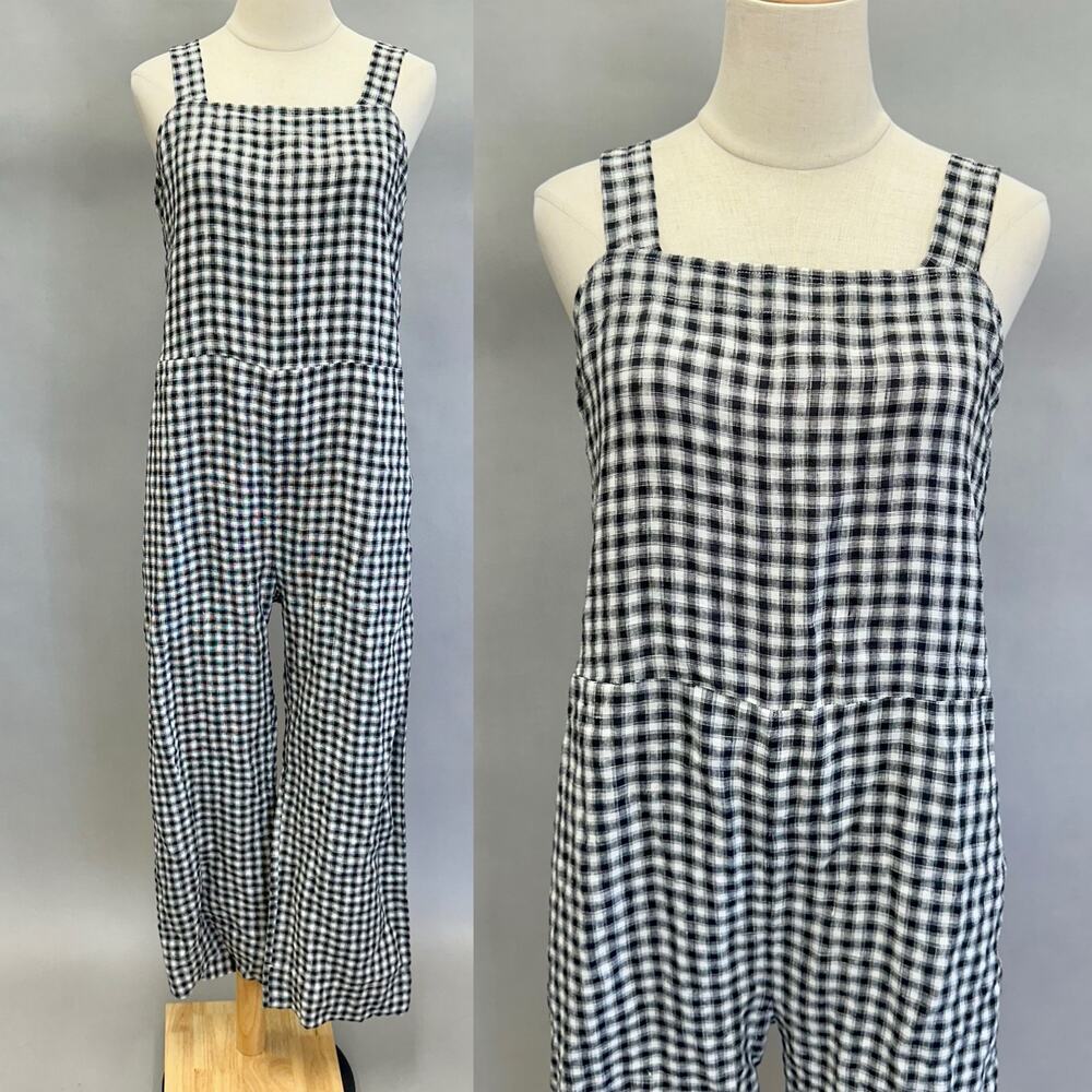 Quince European Linen Square Neck Jumpsuit in‎ Khaki/Black Gingham Medium NWT - Picture 3 of 16